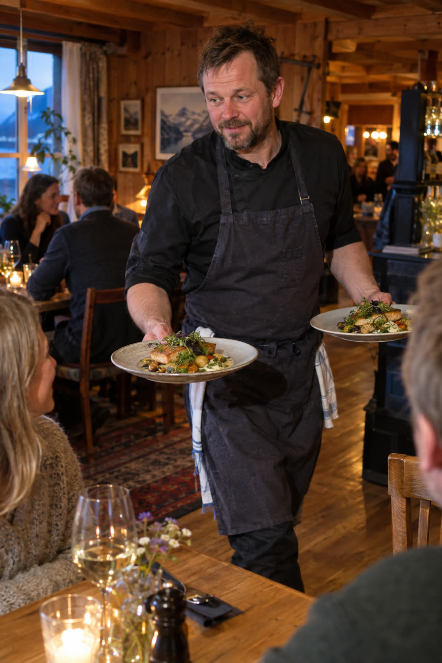 Restauranteier serverer mat til gjester