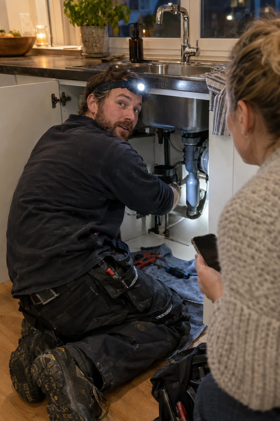 Rørlegger jobber under en kjøkkenvask