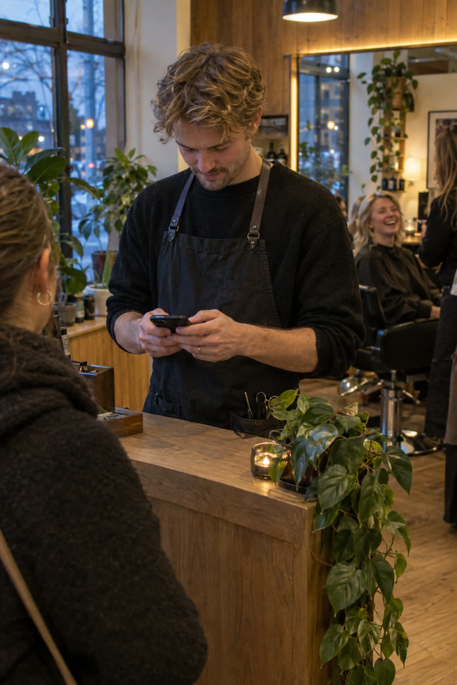 Frisør sjekker bookinger mellom to kunder