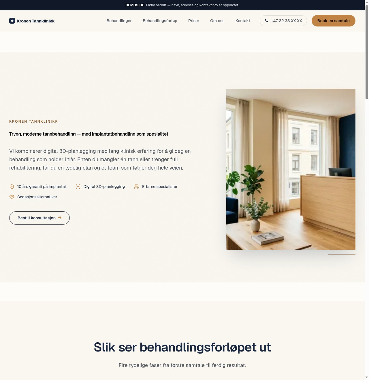Forsiden til demo-siden Kronen Tannklinikk